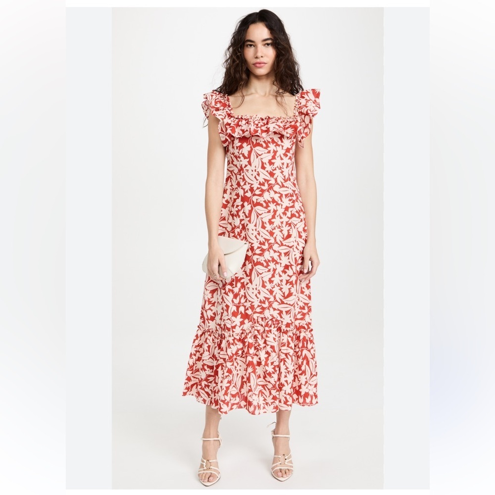 Rixo June Floral Print Ruffle Midi Dress Orange Size S